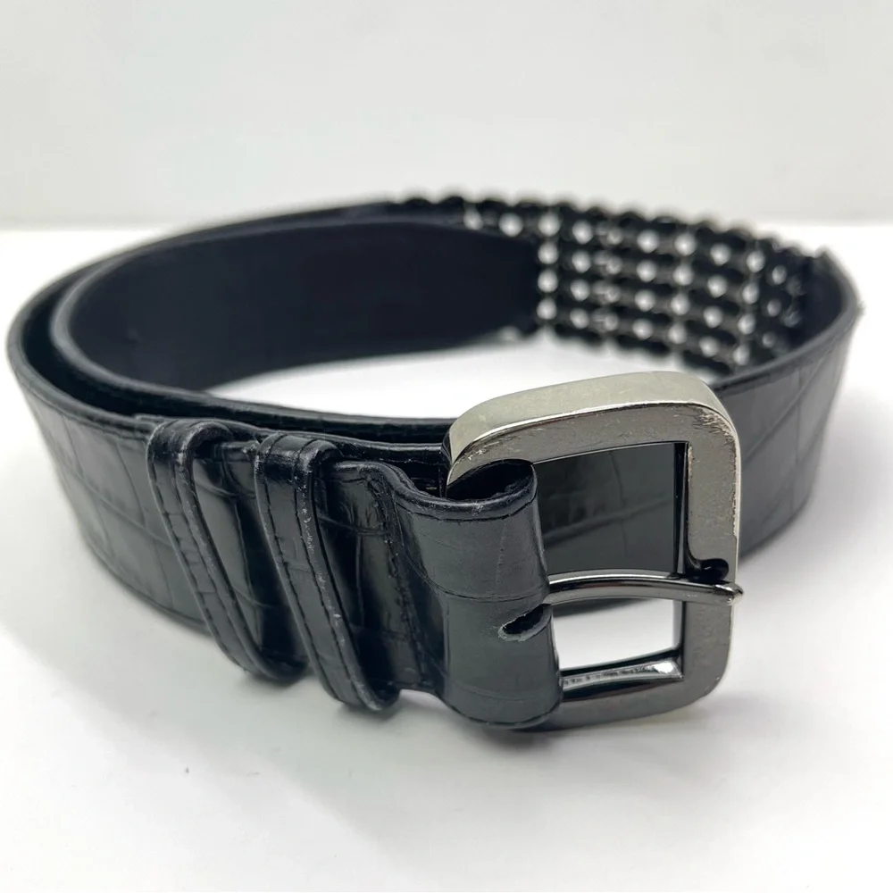 Suzi Roher Women's Black Stretch Embossed Leather Statement Chain Belt
